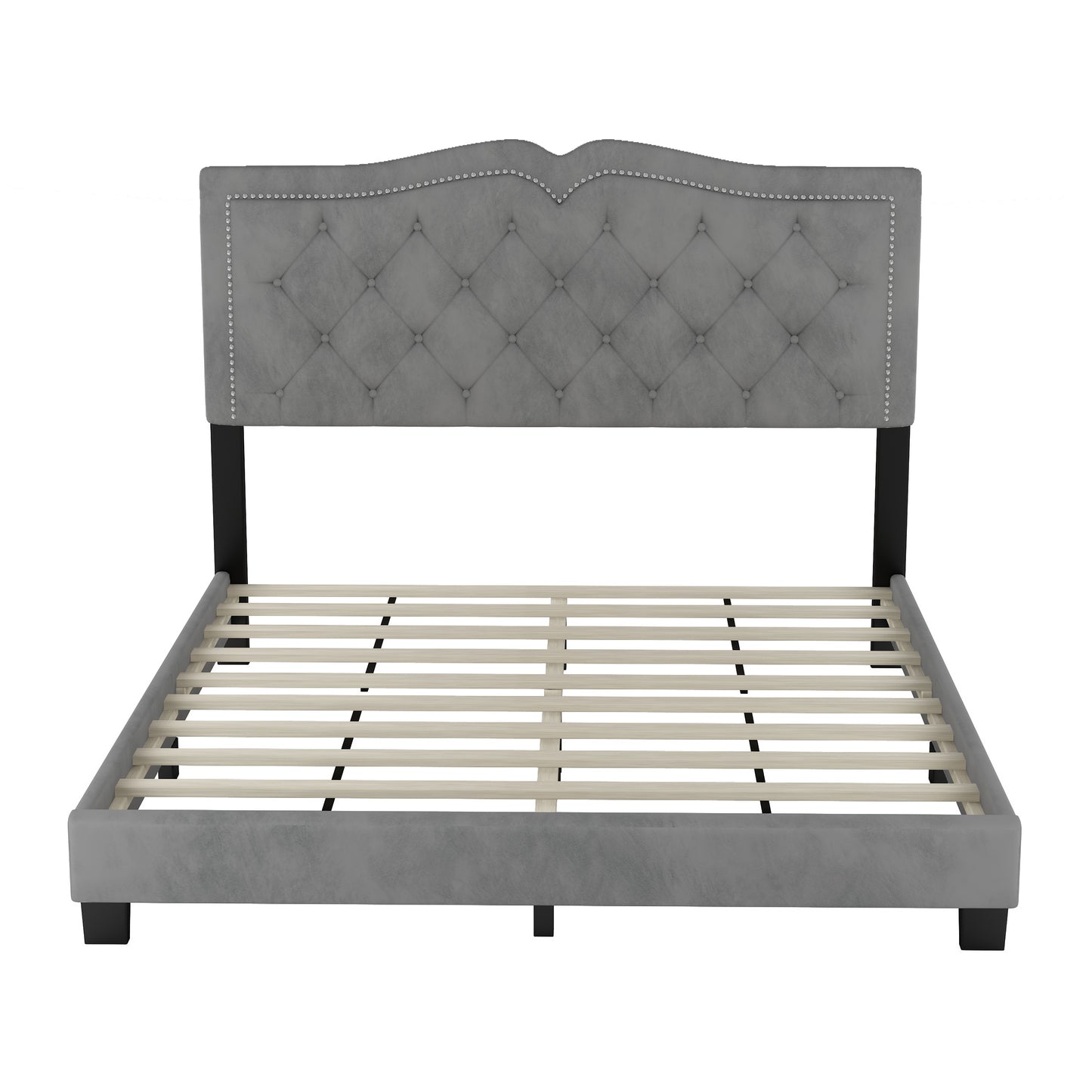 Melysen Queen Size Upholstered Bed Frame with Rivet Design, Modern Velvet Platform Bed with Tufted Headboard