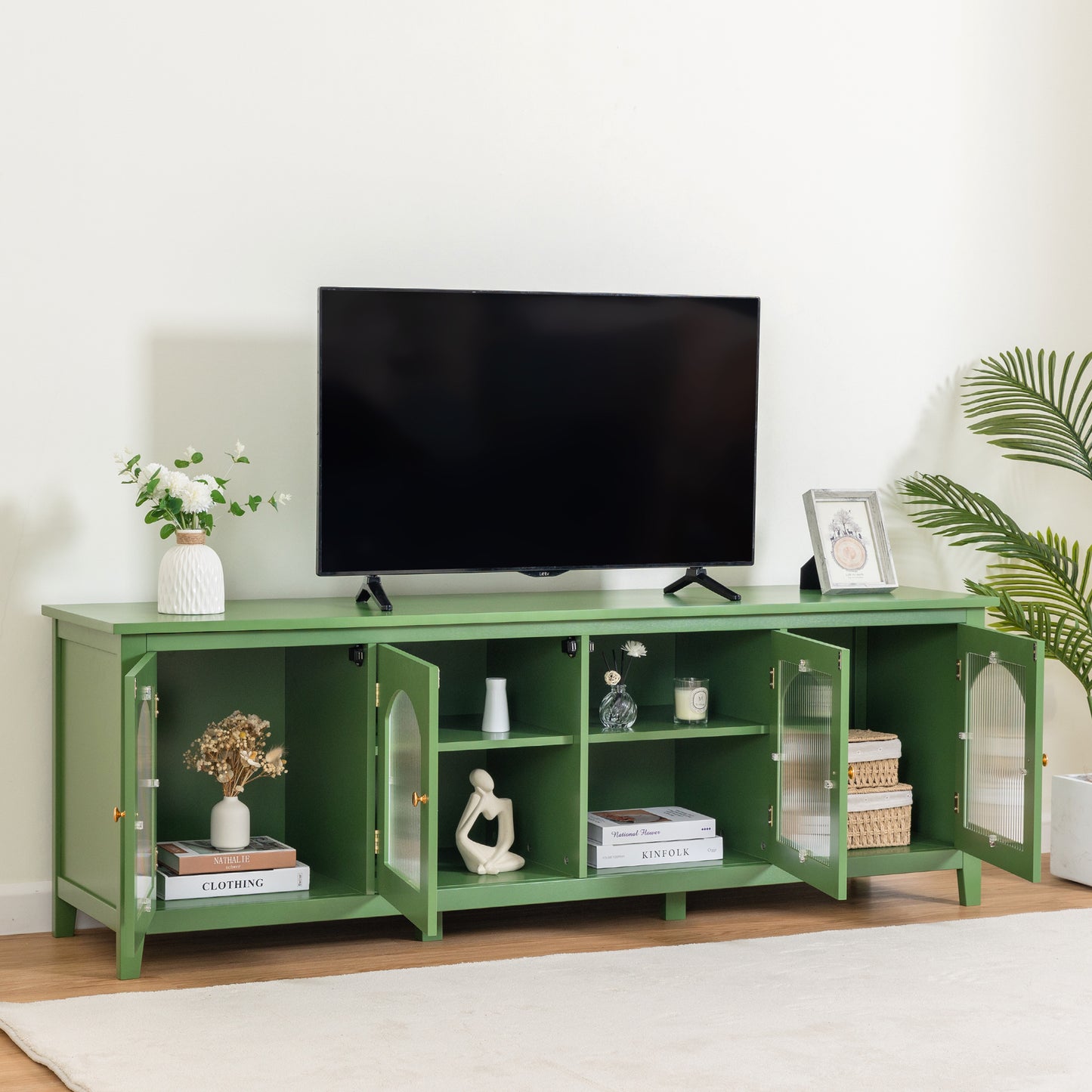 Melysen 71 " stylishTVcabinet Entertainment CenterTV stand,TVConsoleTable, Media Console,solidwood frame,Changhong glass door,Metal handle,Antique Green