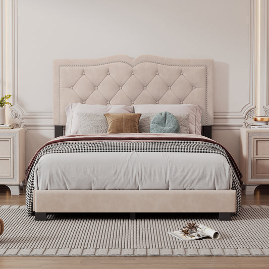 Melysen Full Size Upholstered Bed Frame with Rivet Design, Modern Velvet Platform Bed with Tufted Headboard