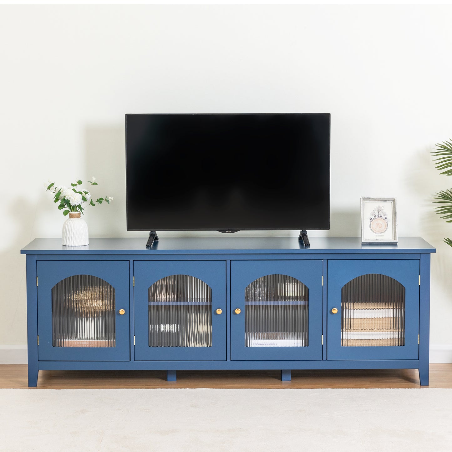 Melysen 71 " stylish TV cabinet Entertainment CenterTV stand,TVConsoleTable, Media Console,solidwood frame,Changhong glass door,Metal handle,,Antique Blue