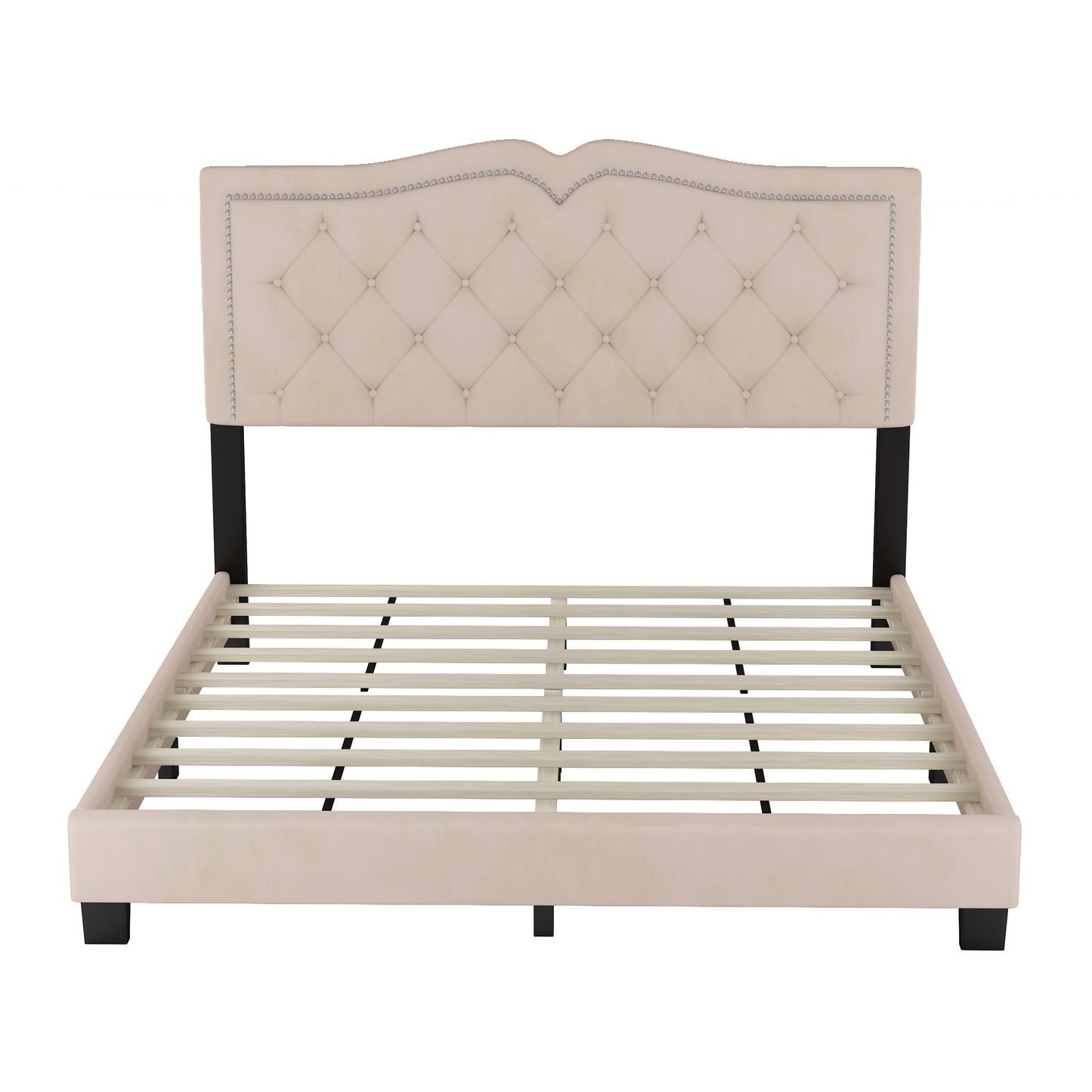 Melysen Queen Size Upholstered Bed Frame with Rivet Design, Modern Velvet Platform Bed with Tufted Headboard