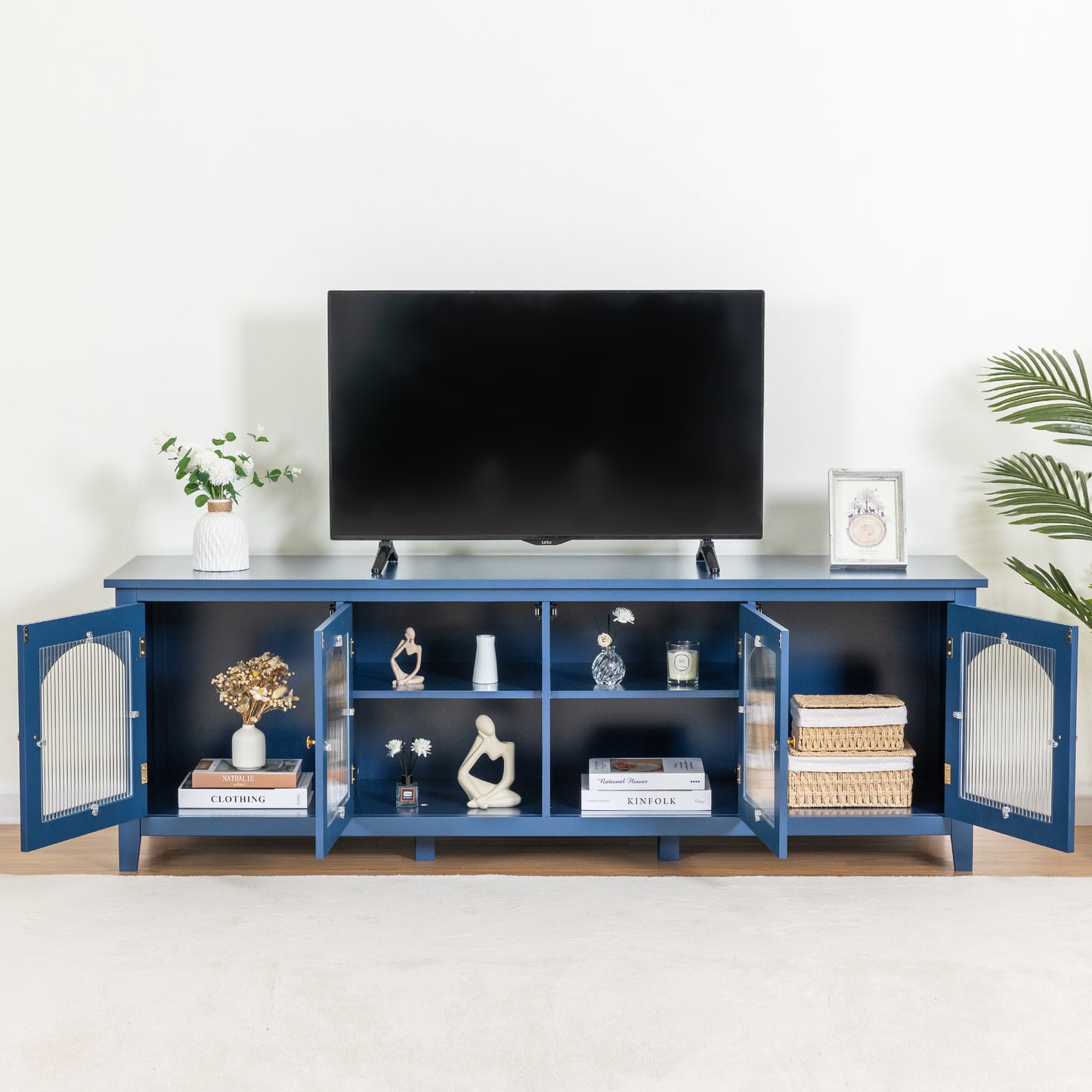 Melysen 71 " stylish TV cabinet Entertainment CenterTV stand,TVConsoleTable, Media Console,solidwood frame,Changhong glass door,Metal handle,,Antique Blue