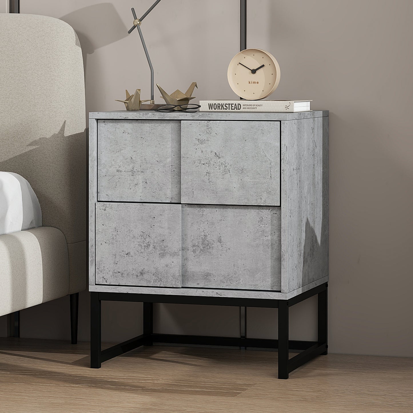 Melysen 2 Drawer Nightstand,geometric elements,cement grey,for bedroom, living room and study,Cement Grey