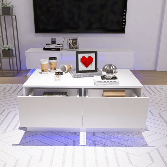 Melysen High Glossy Coffee Table with 2 Drawers have RGB Led Light with Buletooth Control