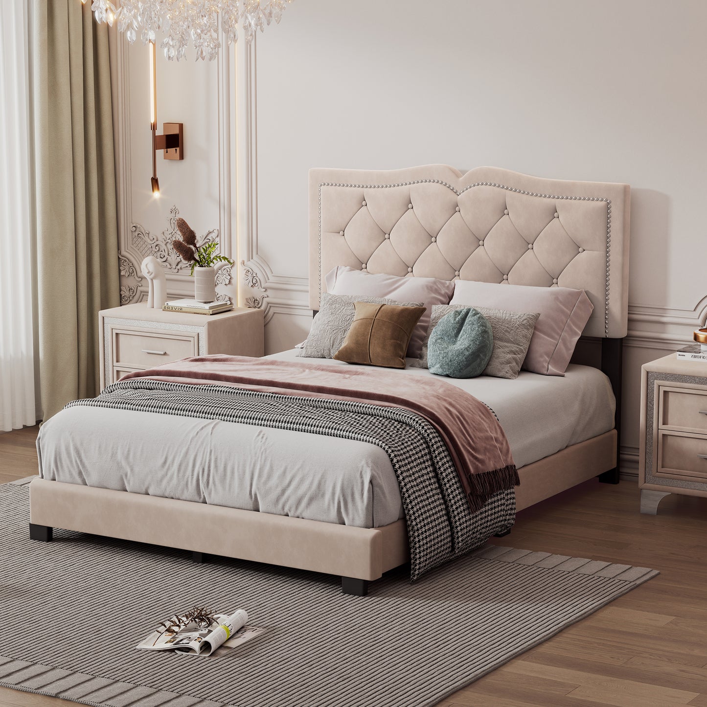 Melysen Full Size Upholstered Bed Frame with Rivet Design, Modern Velvet Platform Bed with Tufted Headboard