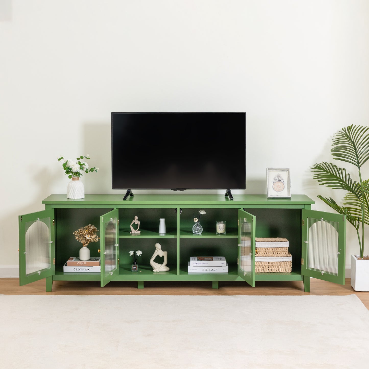 Melysen 71 " stylishTVcabinet Entertainment CenterTV stand,TVConsoleTable, Media Console,solidwood frame,Changhong glass door,Metal handle,Antique Green