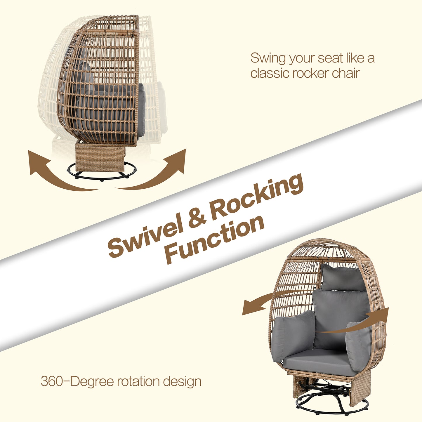 Melysen Outdoor Swivel Chair with Cushions, Rattan Egg Patio Chair with Rocking Function for Balcony, Poolside and Garden (Natural Wicker + Grey Cushion)