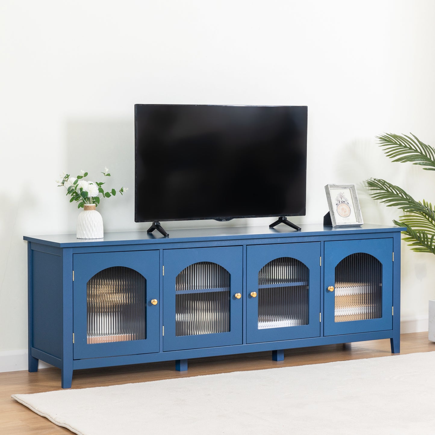 Melysen 71 " stylish TV cabinet Entertainment CenterTV stand,TVConsoleTable, Media Console,solidwood frame,Changhong glass door,Metal handle,,Antique Blue