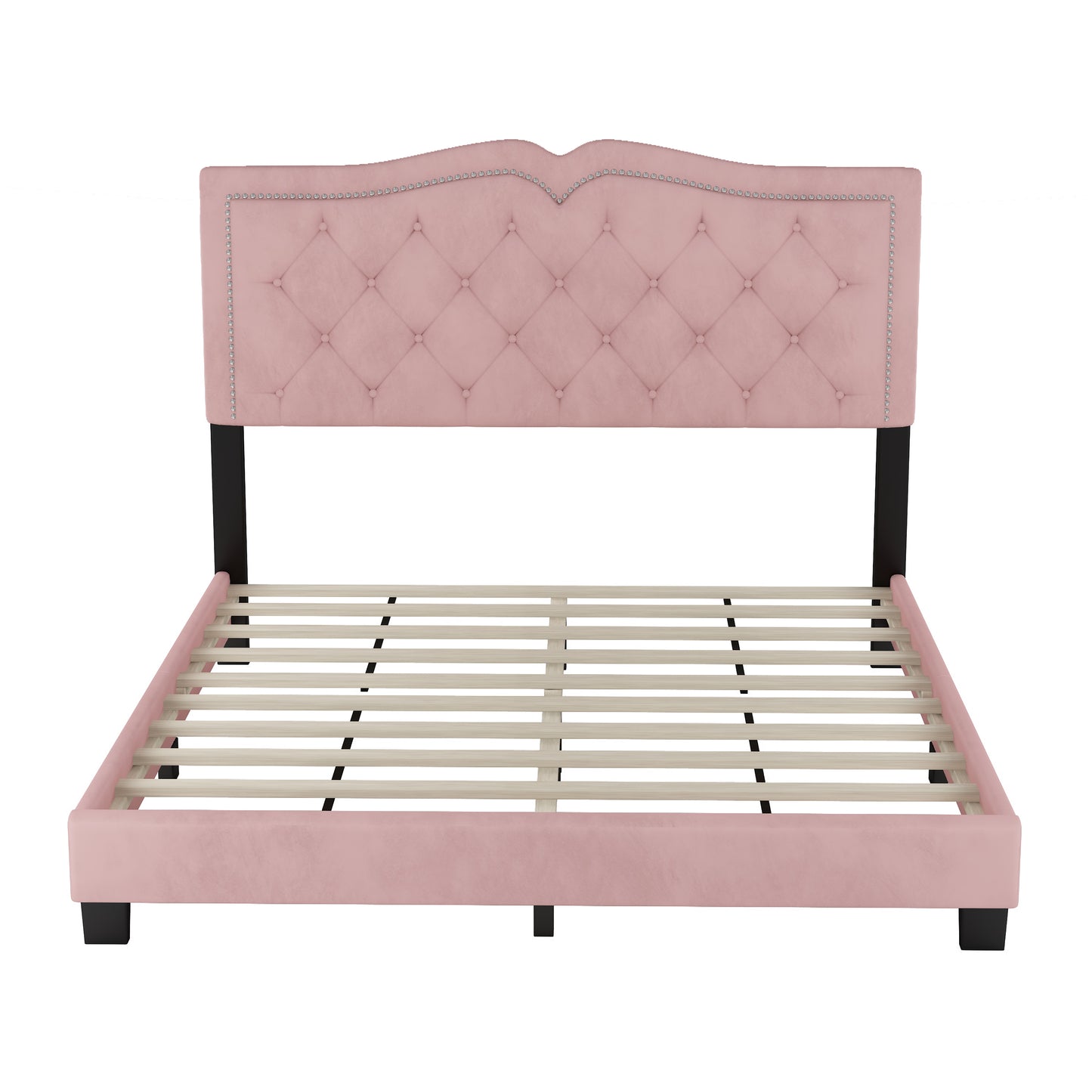 Melysen Queen Size Upholstered Bed Frame with Rivet Design, Modern Velvet Platform Bed with Tufted Headboard