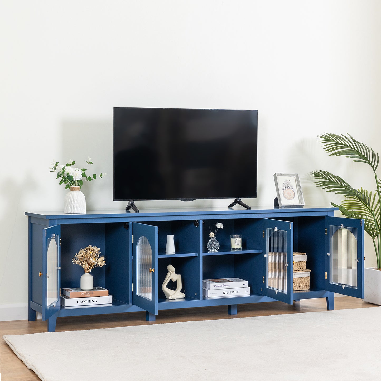 Melysen 71 " stylish TV cabinet Entertainment CenterTV stand,TVConsoleTable, Media Console,solidwood frame,Changhong glass door,Metal handle,,Antique Blue