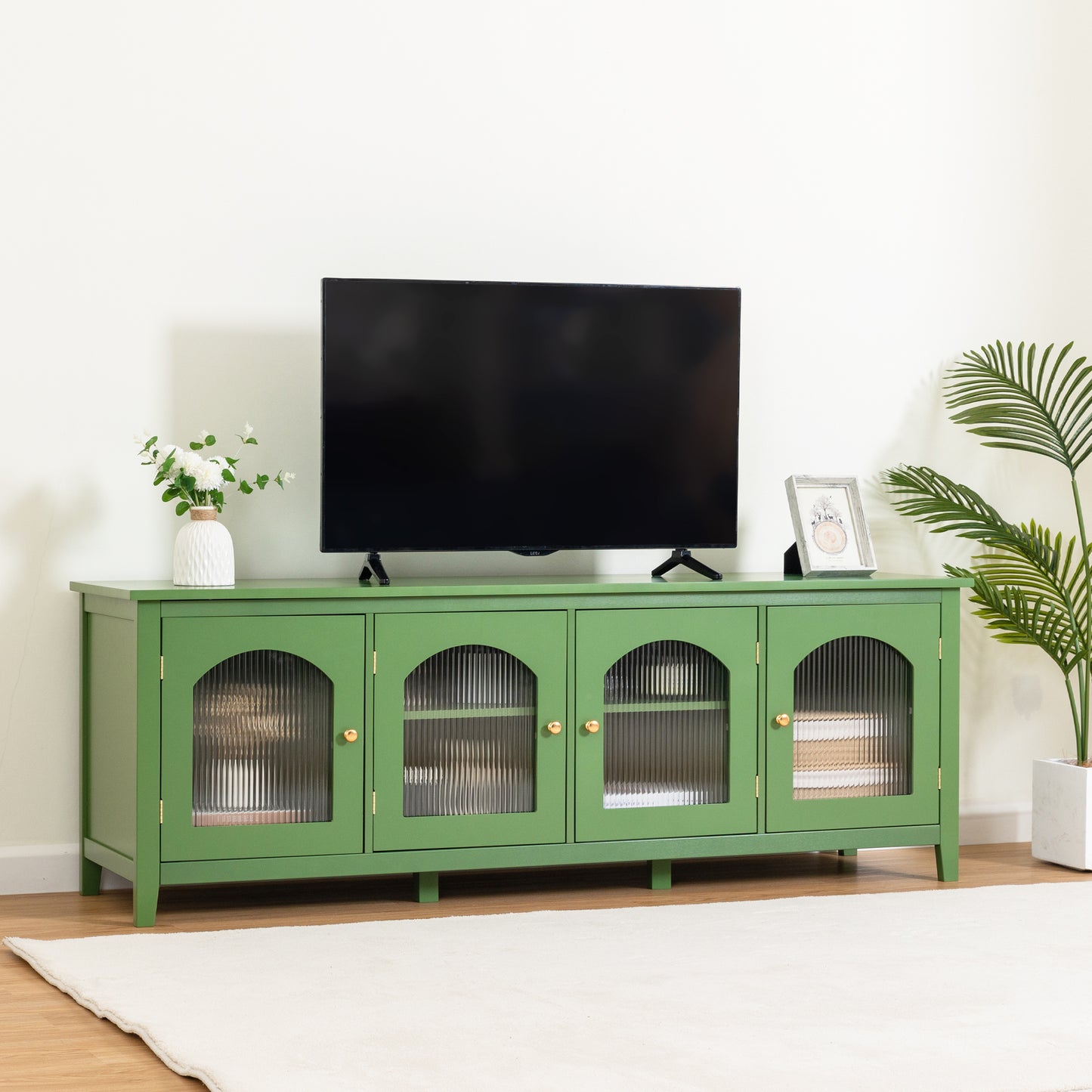 Melysen 71 " stylishTVcabinet Entertainment CenterTV stand,TVConsoleTable, Media Console,solidwood frame,Changhong glass door,Metal handle,Antique Green