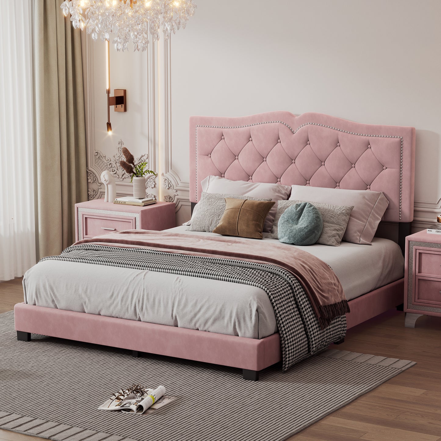 Melysen Queen Size Upholstered Bed Frame with Rivet Design, Modern Velvet Platform Bed with Tufted Headboard