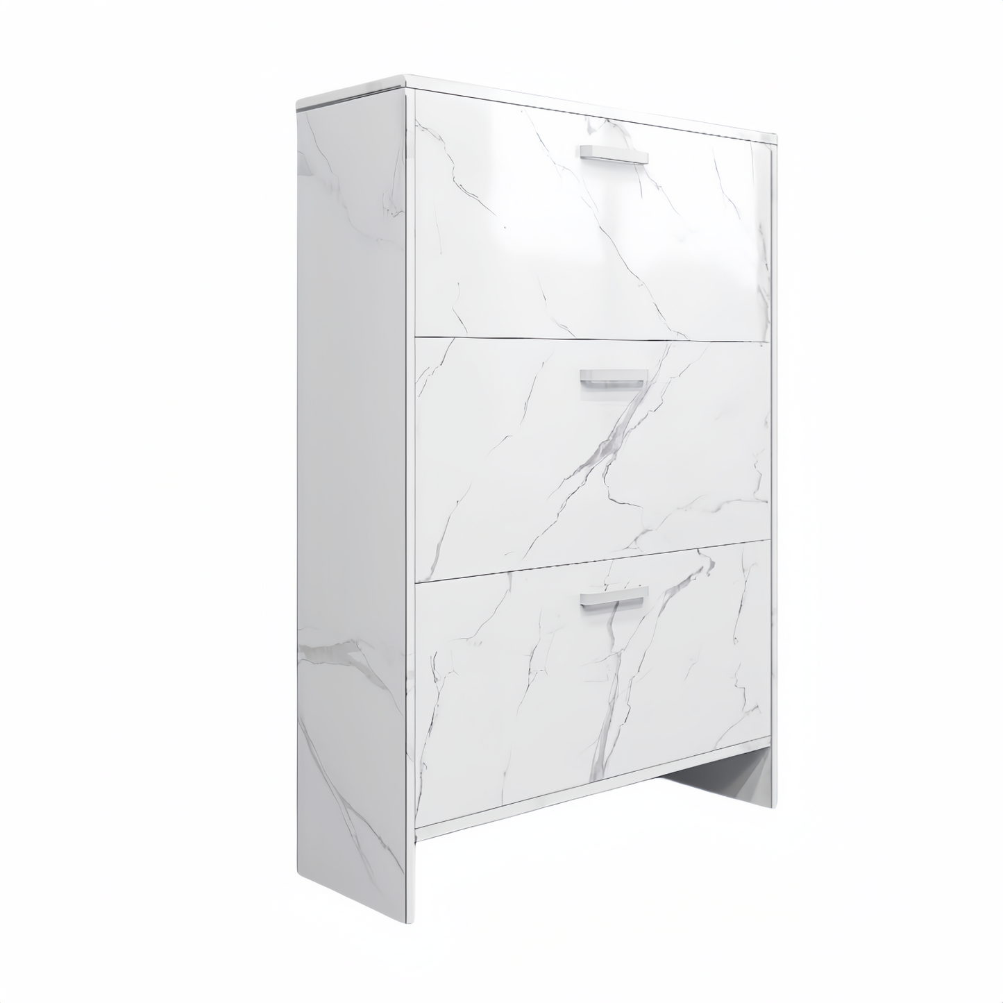 Melysen White Marble Color High Glossy 3 Doors Shoe Cabinet with Retro Handles