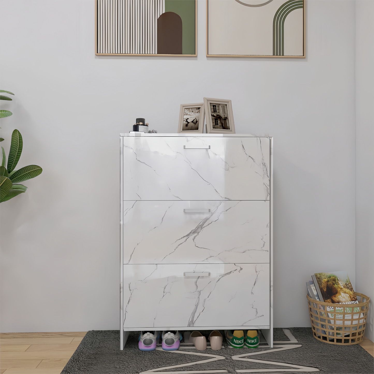 Melysen White Marble Color High Glossy 3 Doors Shoe Cabinet with Retro Handles