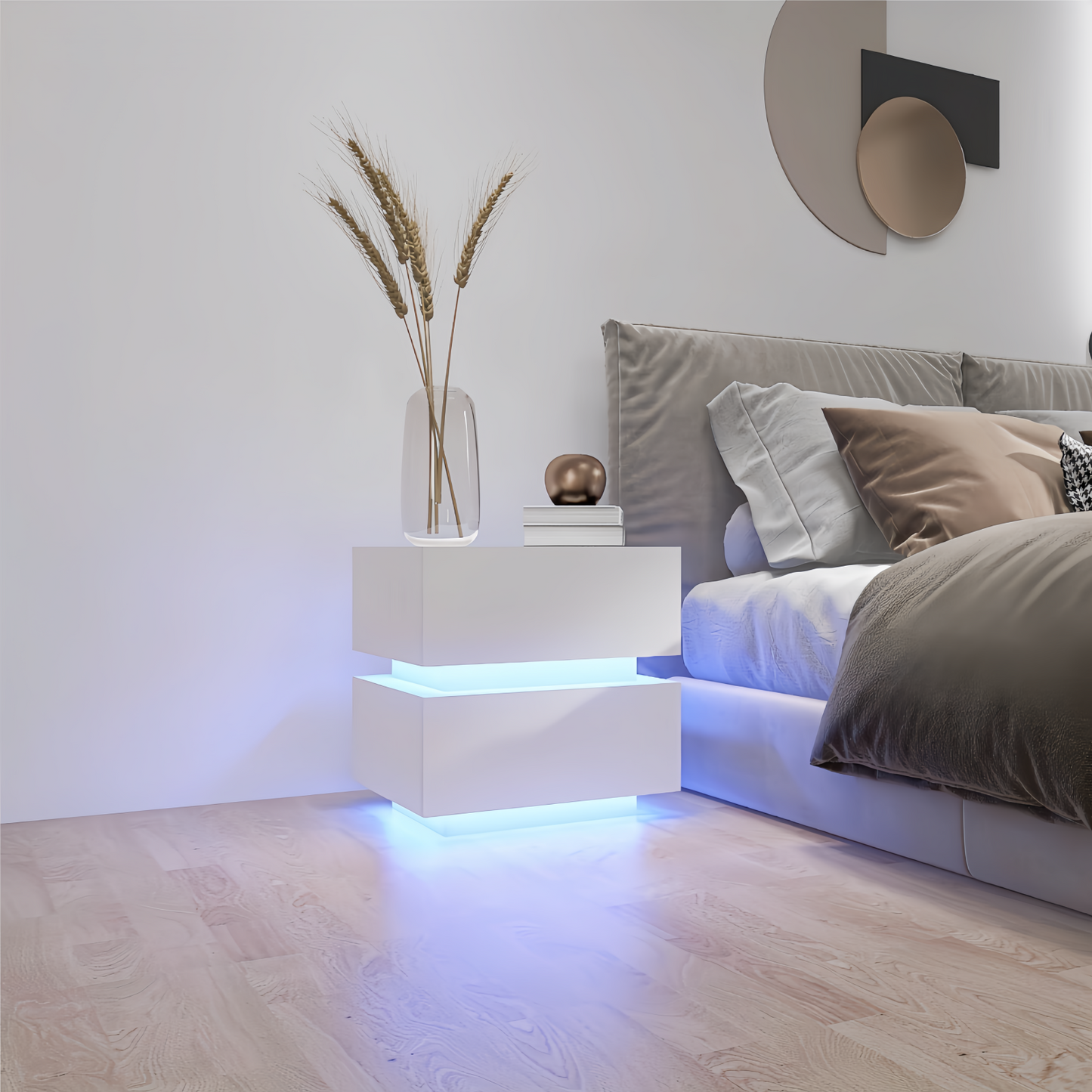 Melysen White Color High Glossy 2 Drawers Bedside Table with RGB Led Light Nightstand with Bluetooth Control