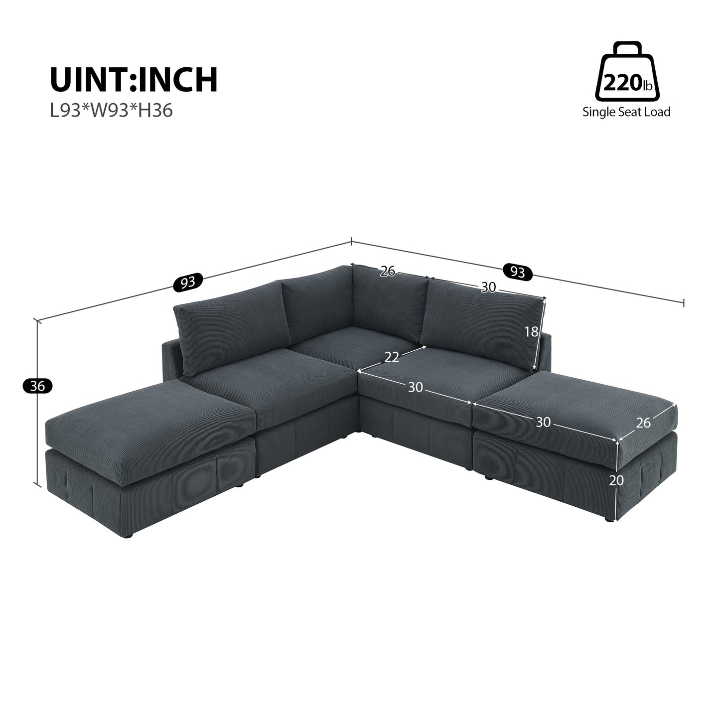 Melysen 93"Modern Sectional Sofa with Vertical Stripes ,5-Seat Armless Couch Set with Convertible Ottomans ,DARK GREY