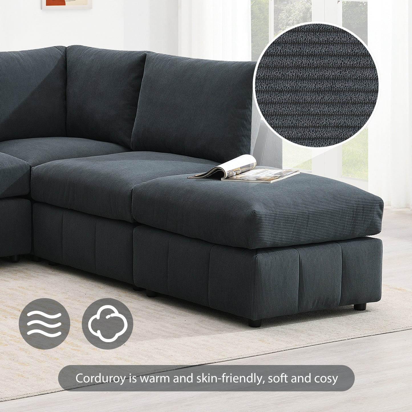 Melysen 93"Modern Sectional Sofa with Vertical Stripes ,5-Seat Armless Couch Set with Convertible Ottomans ,DARK GREY