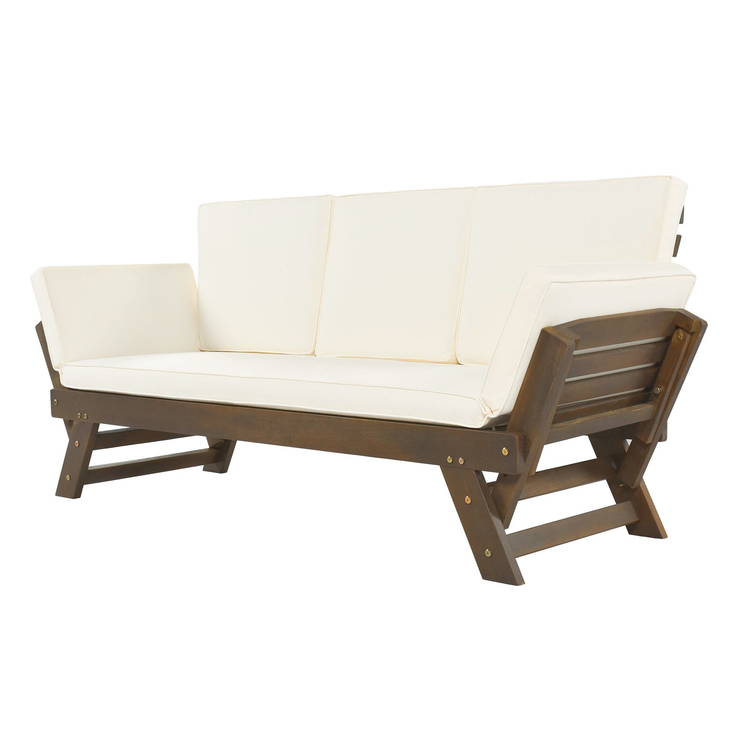 Melysen Outdoor Adjustable Patio Wooden Daybed Sofa Chaise Lounge with Cushions for Small Places