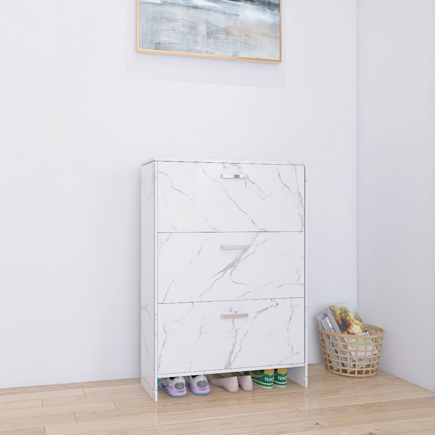 Melysen White Marble Color High Glossy 3 Doors Shoe Cabinet with Retro Handles