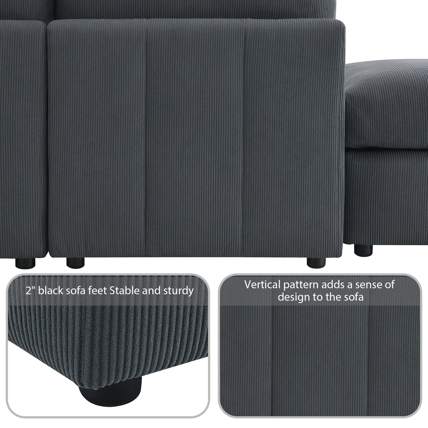 Melysen 93"Modern Sectional Sofa with Vertical Stripes ,5-Seat Armless Couch Set with Convertible Ottomans ,DARK GREY