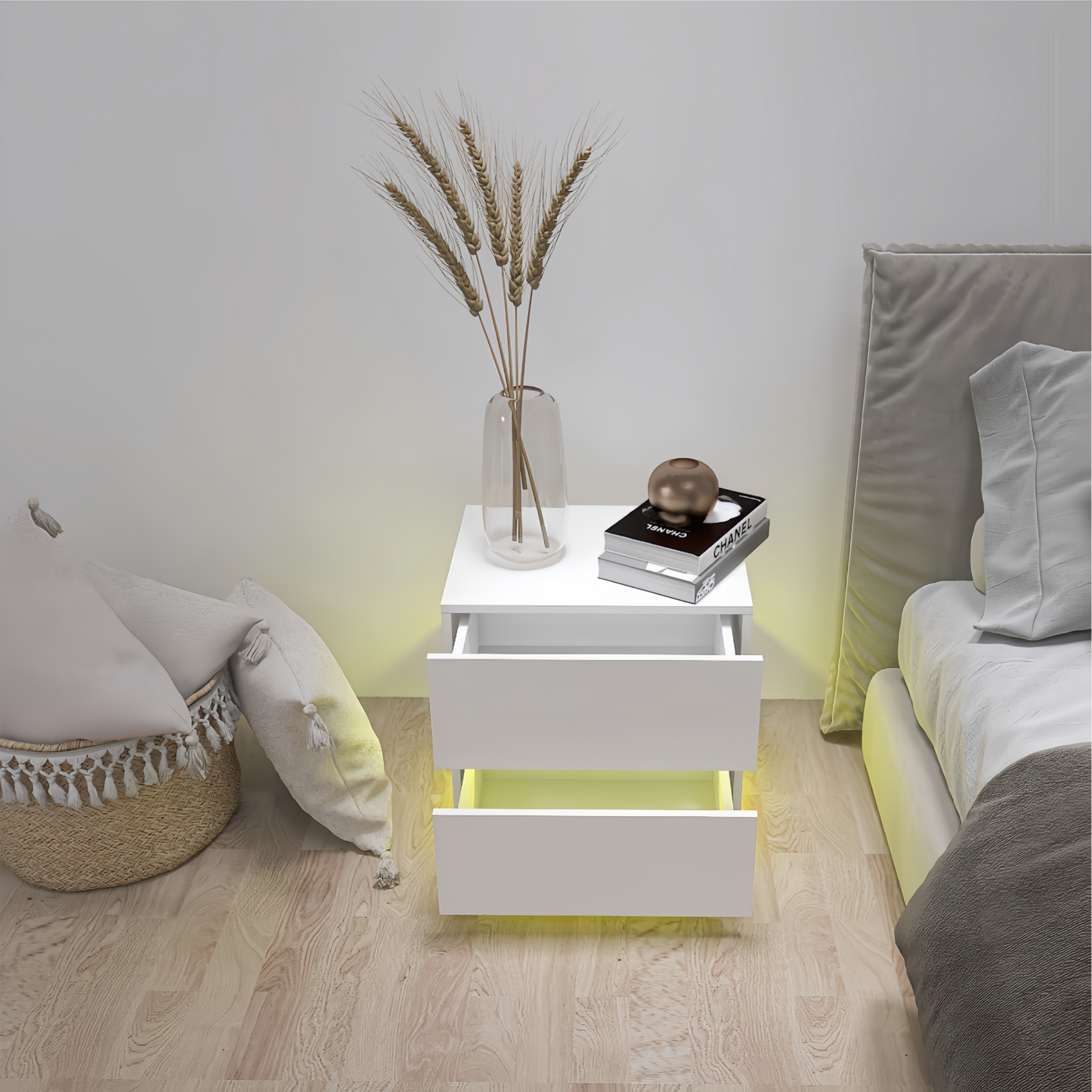 Melysen White Color High Glossy 2 Drawers Bedside Table with RGB Led Light Nightstand with Bluetooth Control