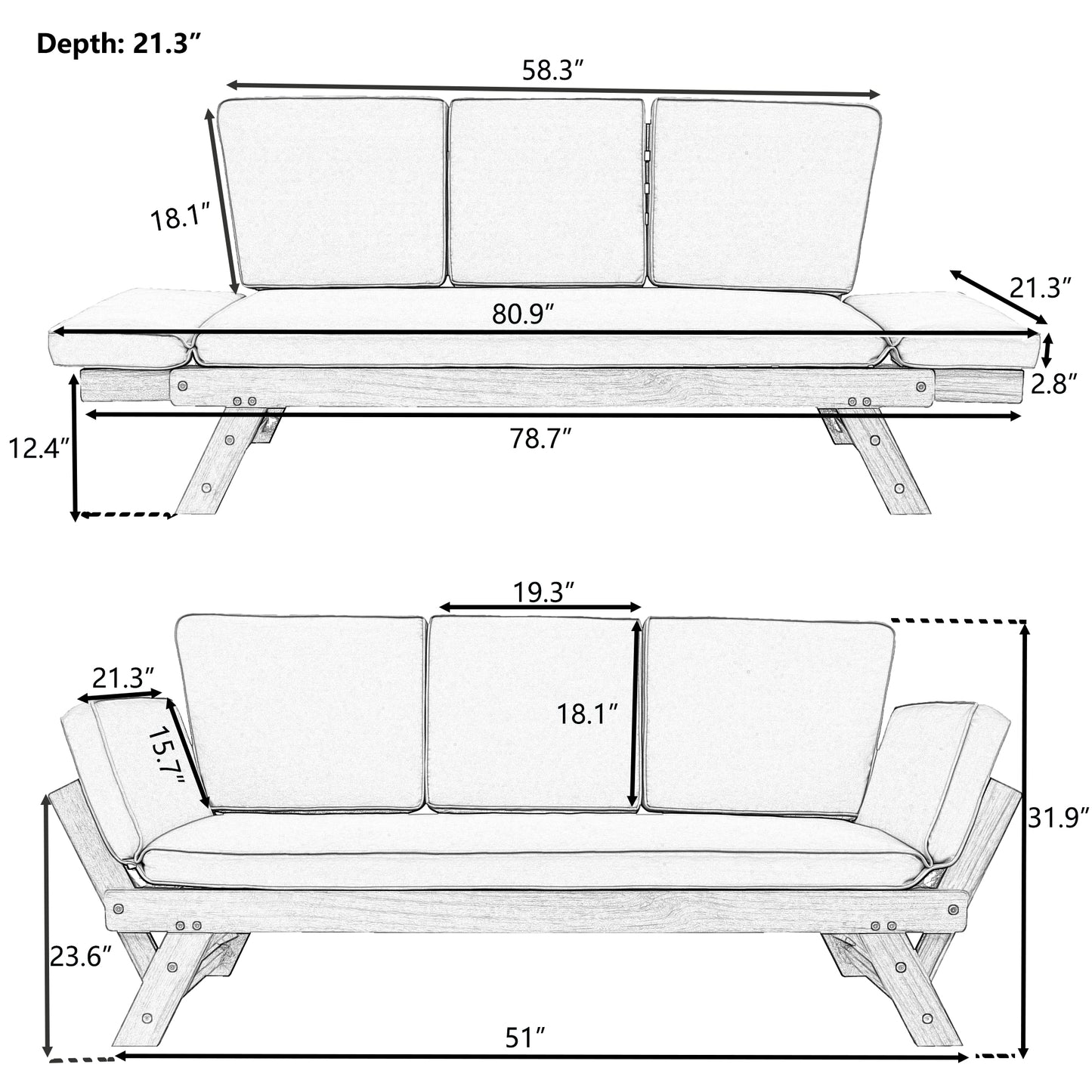 Melysen Outdoor Adjustable Patio Wooden Daybed Sofa Chaise Lounge with Cushions for Small Places