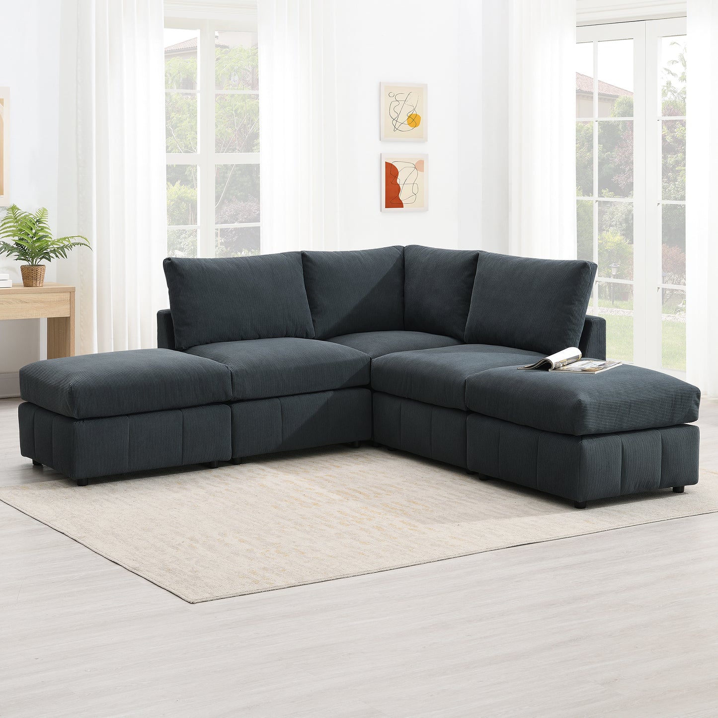 Melysen 93"Modern Sectional Sofa with Vertical Stripes ,5-Seat Armless Couch Set with Convertible Ottomans ,DARK GREY