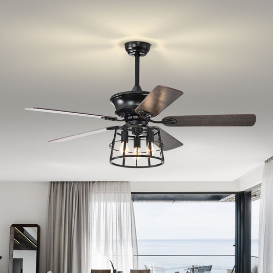 Melysen 52" Farmhouse Ceiling Fan with Lights, 52 Inch Industrial Cage Ceiling Fan Light, Indoor Outdoor Ceiling Fan with Remote, Reversible AC Motor for Farmhouse Patios Bedroom Garage 3&E26 -Matte Blac