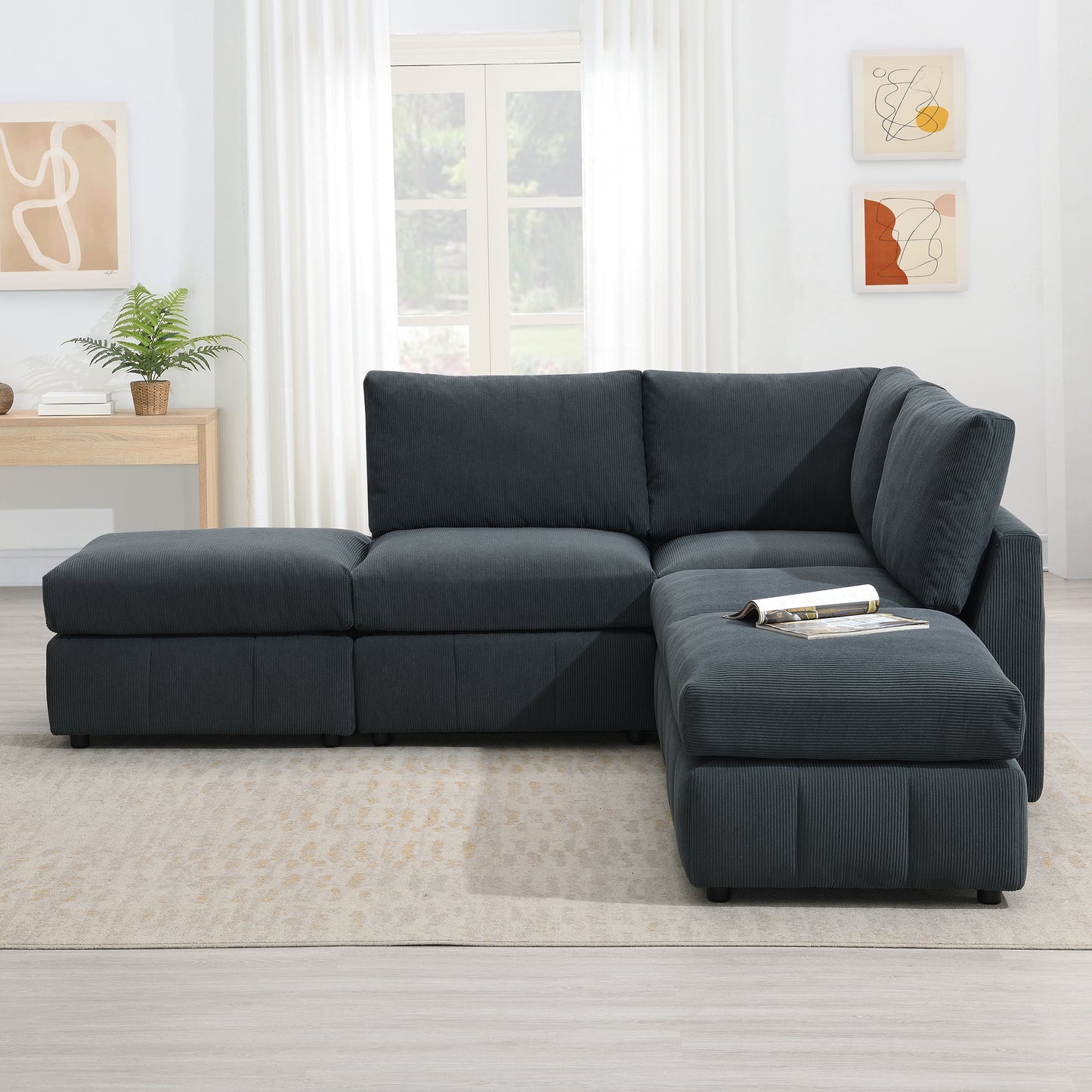 Melysen 93"Modern Sectional Sofa with Vertical Stripes ,5-Seat Armless Couch Set with Convertible Ottomans ,DARK GREY