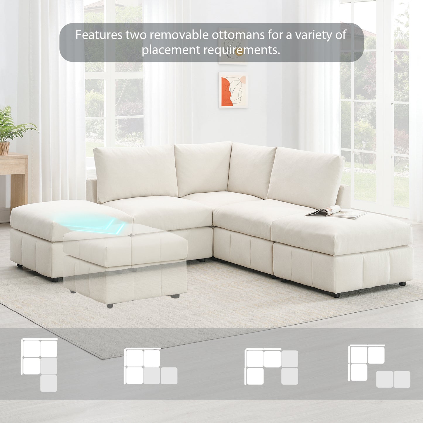 Melysen 93"Modern Sectional Sofa with Vertical Stripes ,5-Seat Armless Couch Set with Convertible Ottomans ,Beige