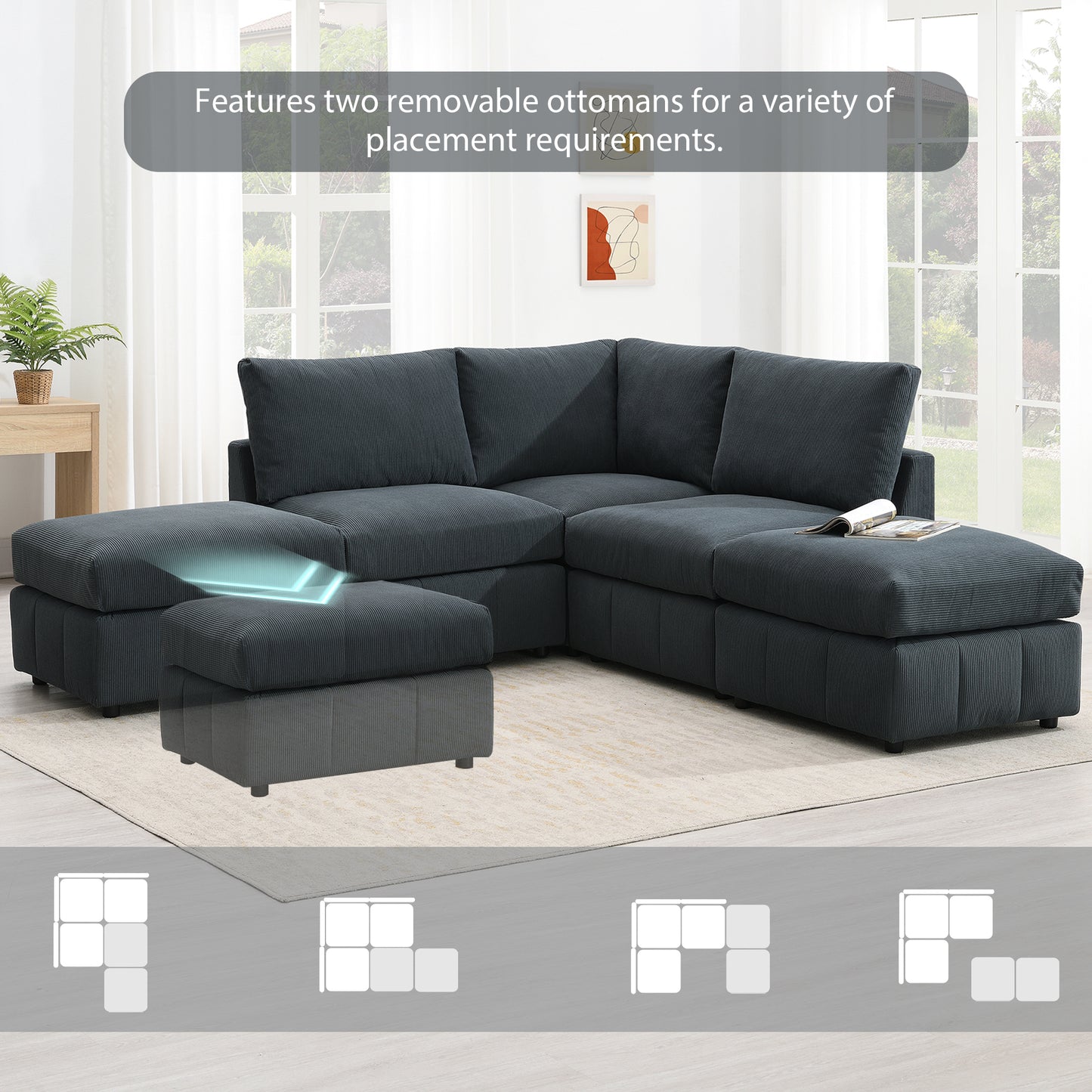 Melysen 93"Modern Sectional Sofa with Vertical Stripes ,5-Seat Armless Couch Set with Convertible Ottomans ,DARK GREY