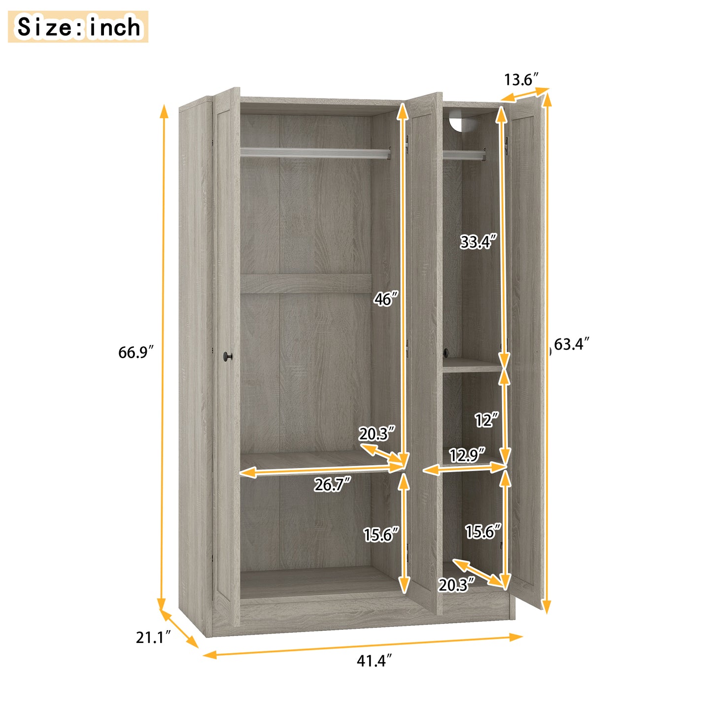 Melysen 3-Door Shutter Wardrobe with shelves, Gray