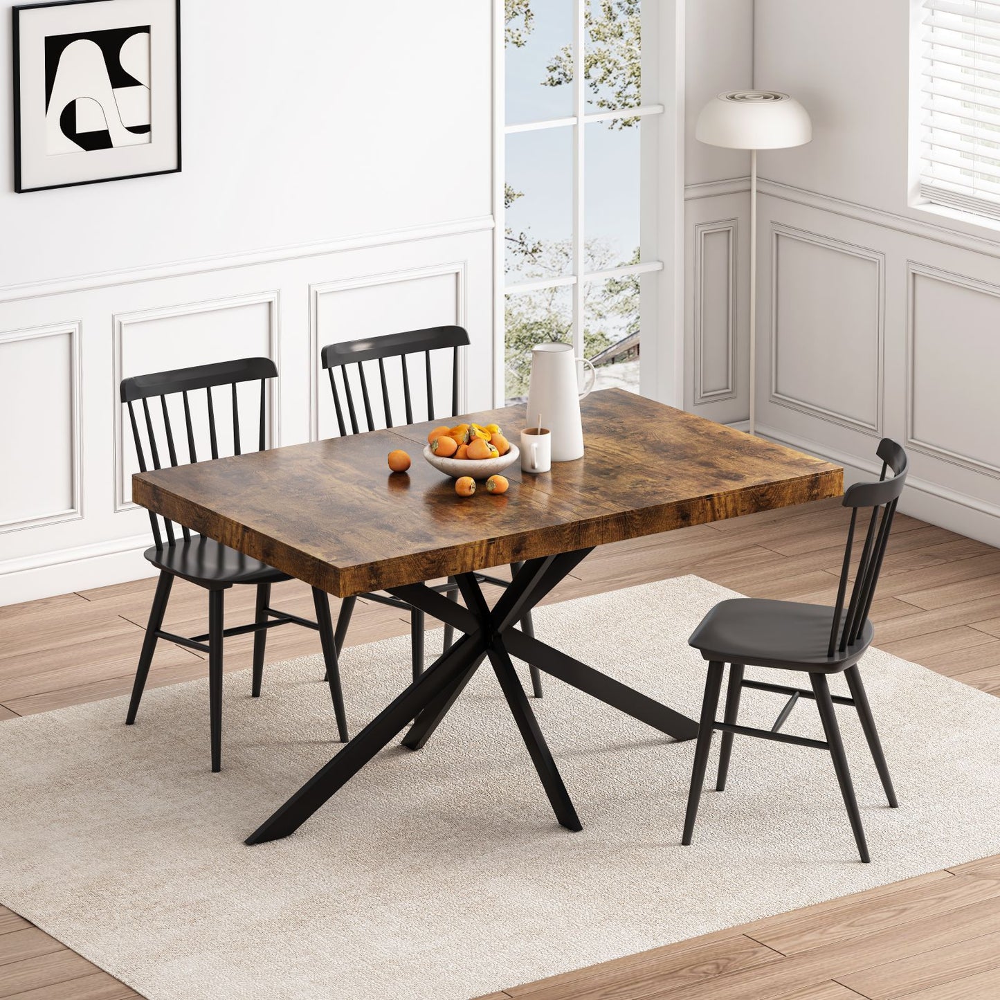 Melysen 55.11" -70.86"Retro Rectangular Stretch Dining Table, Antique Wood Top And Black Relief Plate, Black Fine Sand Cross Iron Foot Base Dining Table, With Storage Box.