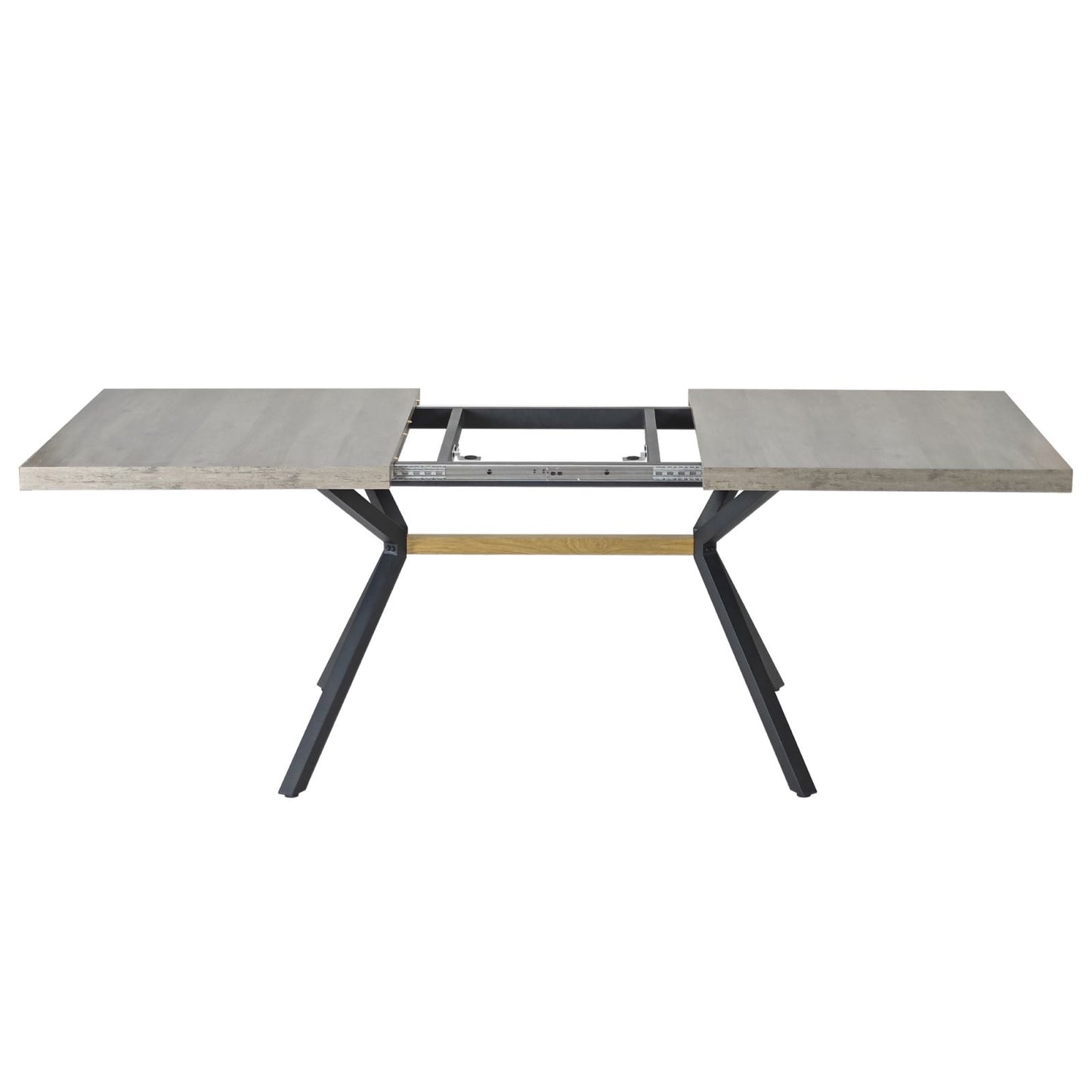 Melysen 62.99"- 78.74"Retro Rectangular Stretch Table, GrEy Carole Top, Black Embossed Center Plate, Walnut Color Beam, Black Fine Sand iron Foot Base Dining Table