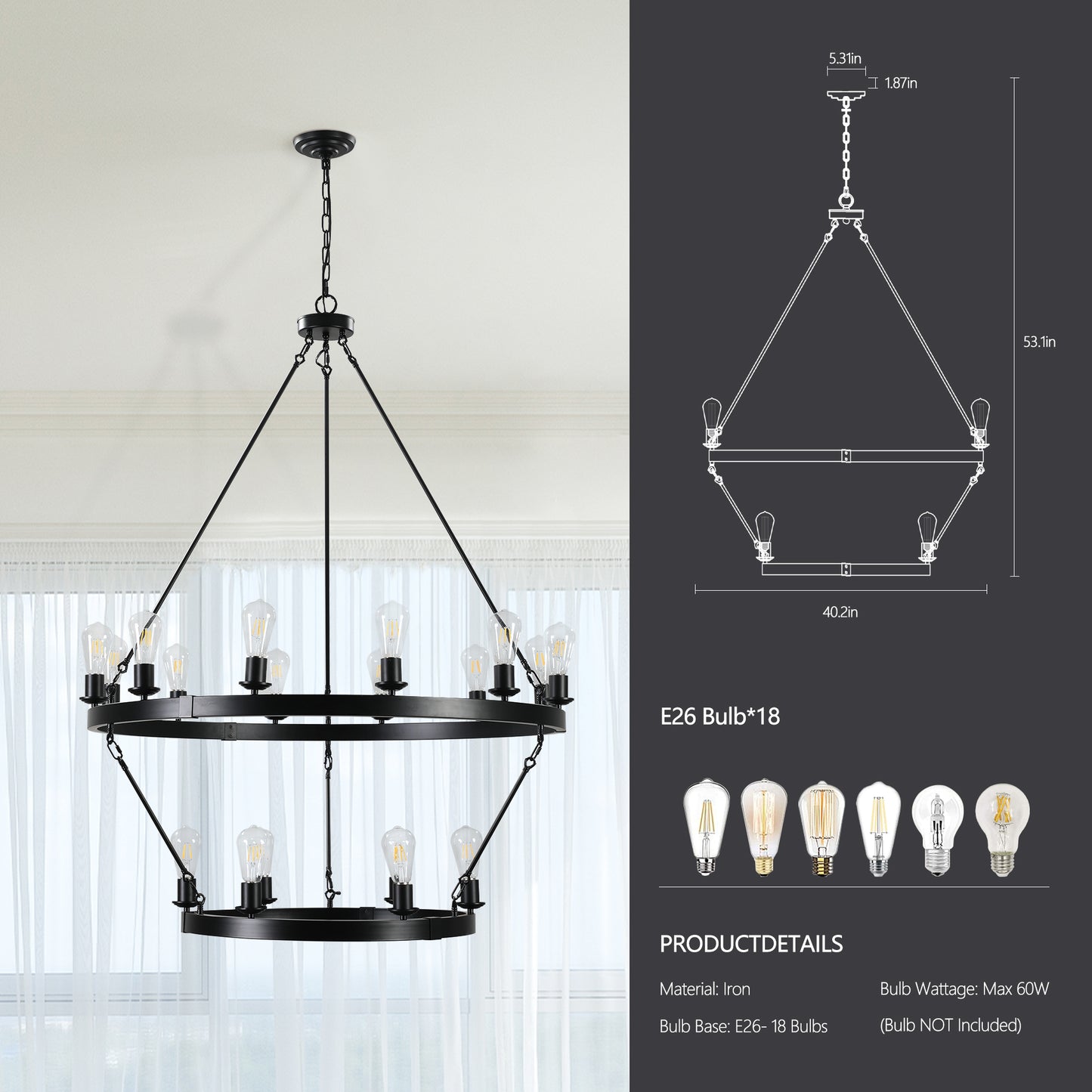 Retro style Large 2-Tier circular ceiling Ironwork chandelier(No Bulbs)