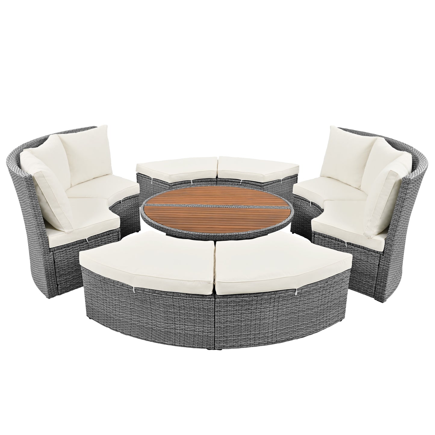 Melysen Patio 5-Piece Round Rattan Sectional Sofa Set All-Weather PE Wicker Sunbed Daybed with Round Liftable Table and Washable Cushions for Outdoor Backyard Poolside, Beige