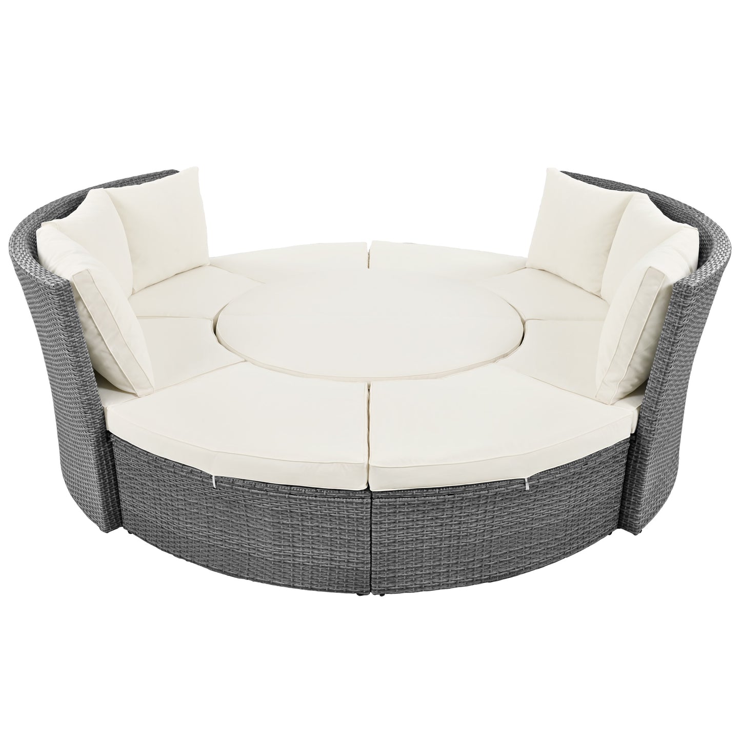 Melysen Patio 5-Piece Round Rattan Sectional Sofa Set All-Weather PE Wicker Sunbed Daybed with Round Liftable Table and Washable Cushions for Outdoor Backyard Poolside, Beige