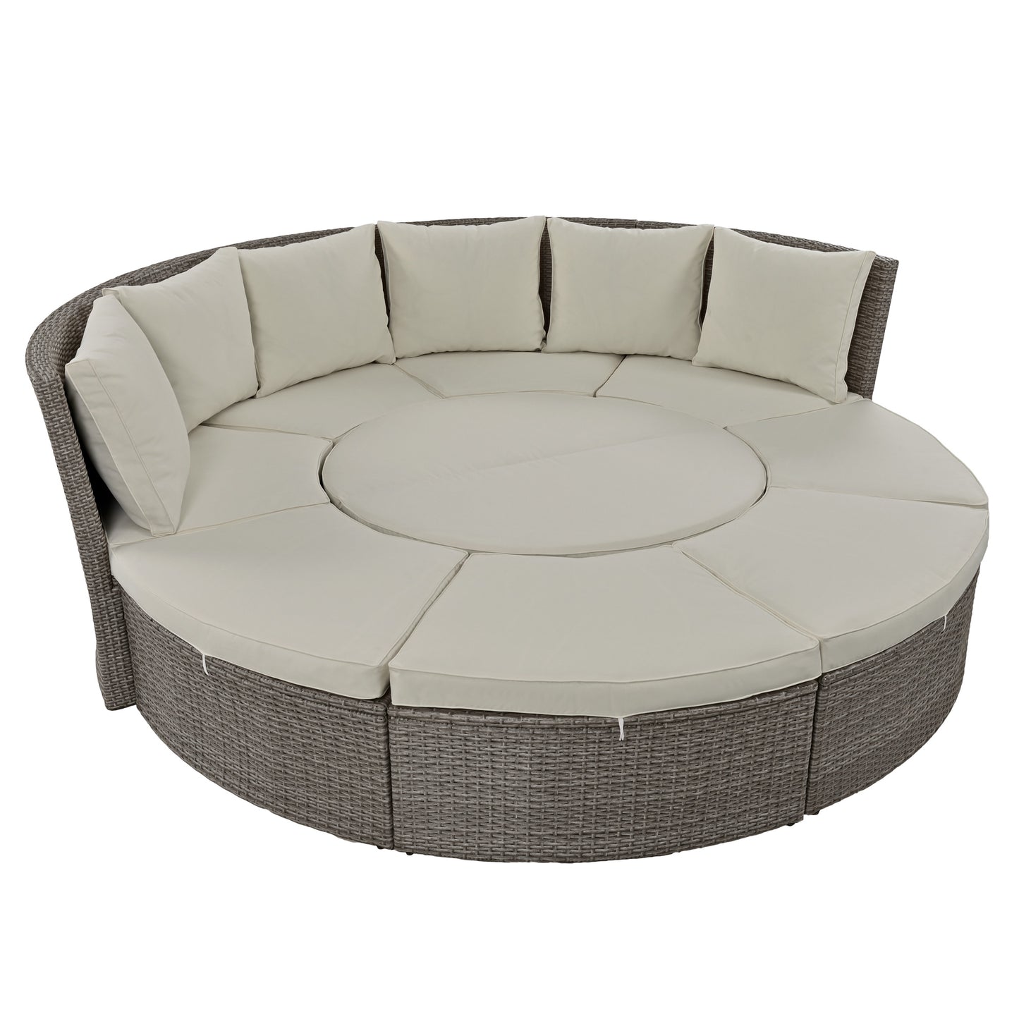 Melysen Patio 5-Piece Round Rattan Sectional Sofa Set All-Weather PE Wicker Sunbed Daybed with Round Liftable Table and Washable Cushions for Outdoor Backyard Poolside, Gray