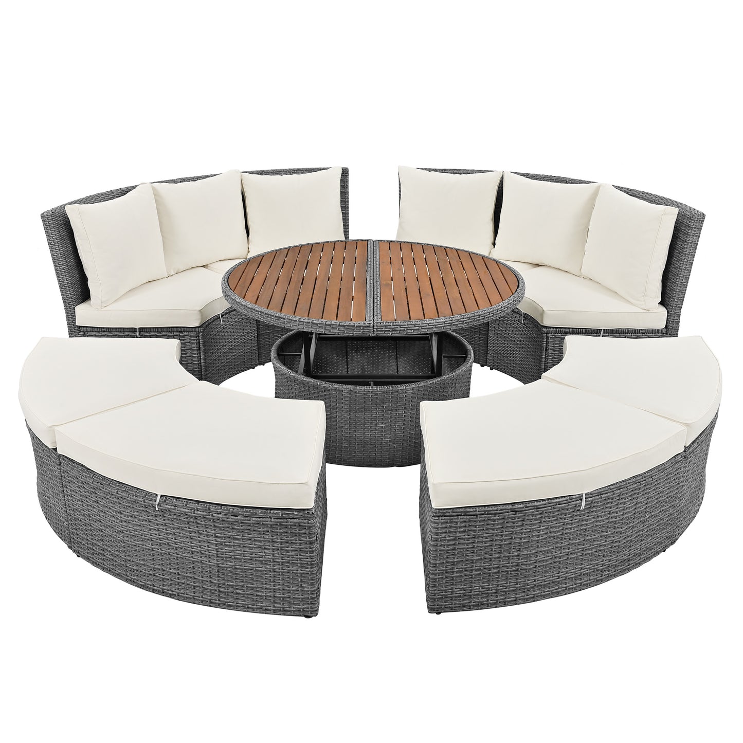 Melysen Patio 5-Piece Round Rattan Sectional Sofa Set All-Weather PE Wicker Sunbed Daybed with Round Liftable Table and Washable Cushions for Outdoor Backyard Poolside, Beige