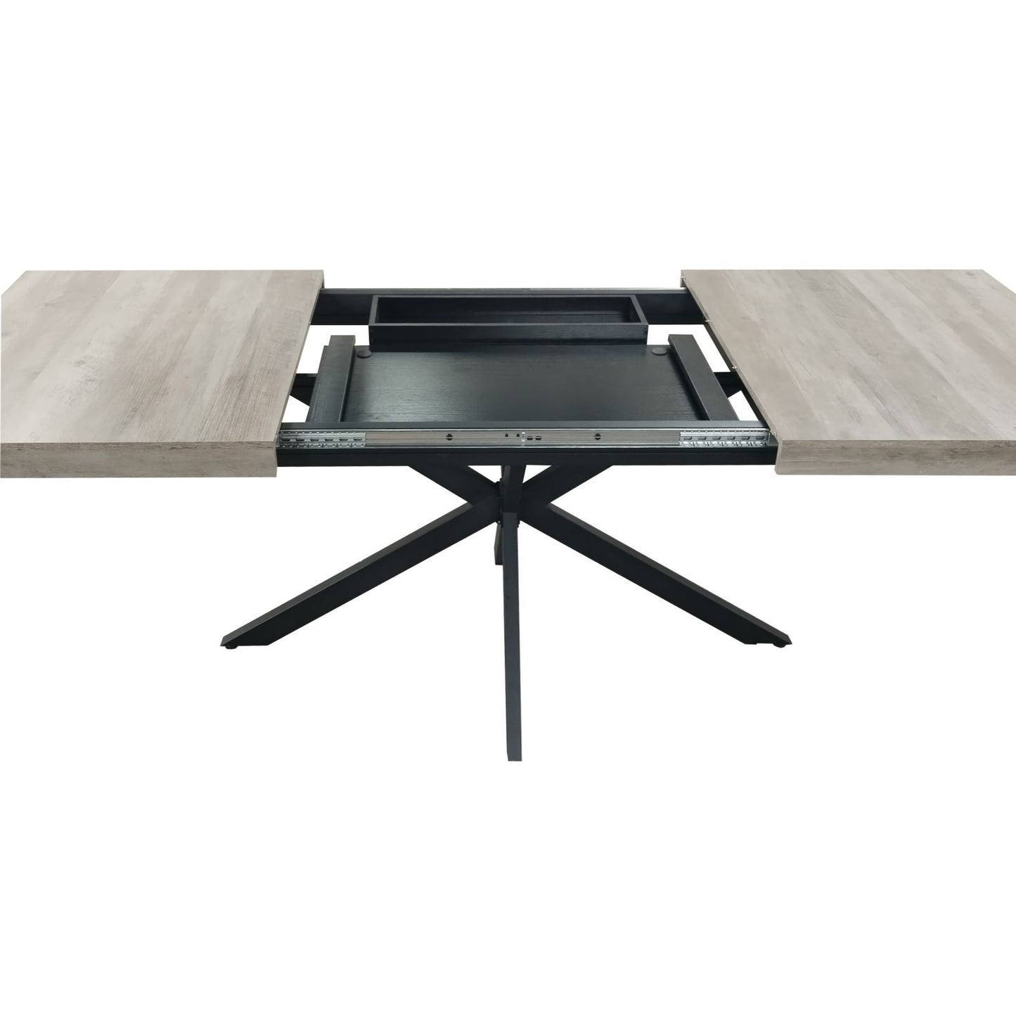 Melysen 55.11'' -70.86"Retro Rectangular Stretch Dining Table, Grey Carole Top With Black Embossed Center Plate, Black Fine Sand Cross Iron Foot Base Dining Table, With Storage Box.