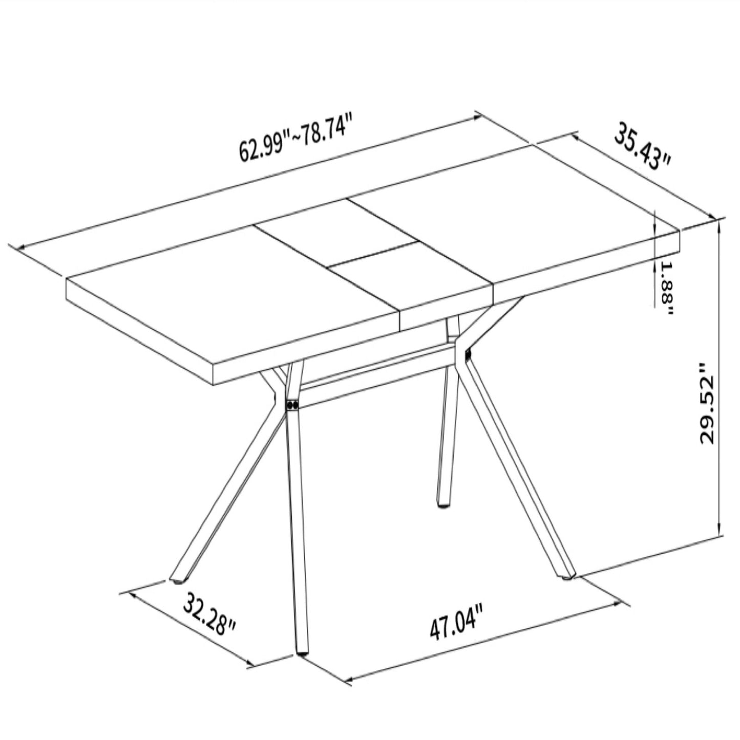 Melysen 62.99"- 78.74"Retro Rectangular Stretch Table, GrEy Carole Top, Black Embossed Center Plate, Walnut Color Beam, Black Fine Sand iron Foot Base Dining Table