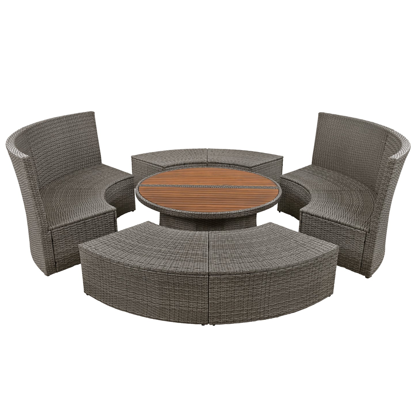 Melysen Patio 5-Piece Round Rattan Sectional Sofa Set All-Weather PE Wicker Sunbed Daybed with Round Liftable Table and Washable Cushions for Outdoor Backyard Poolside, Gray