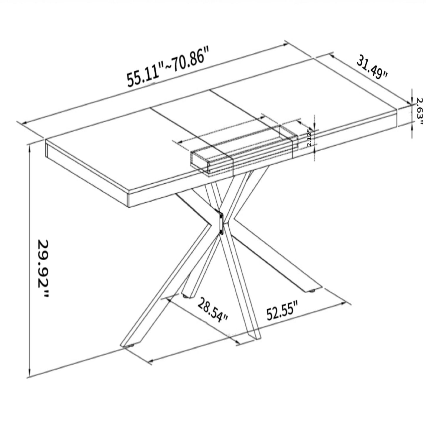 Melysen 55.11" -70.86"Retro Rectangular Stretch Dining Table, Antique Wood Top And Black Relief Plate, Black Fine Sand Cross Iron Foot Base Dining Table, With Storage Box.