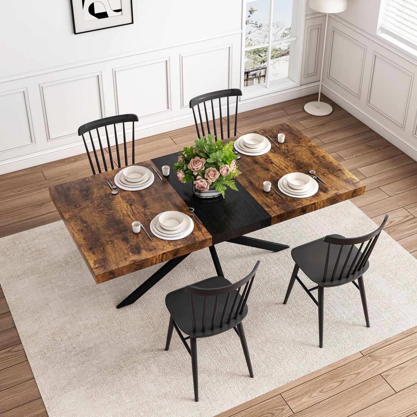 Melysen 55.11" -70.86"Retro Rectangular Stretch Dining Table, Antique Wood Top And Black Relief Plate, Black Fine Sand Cross Iron Foot Base Dining Table, With Storage Box.