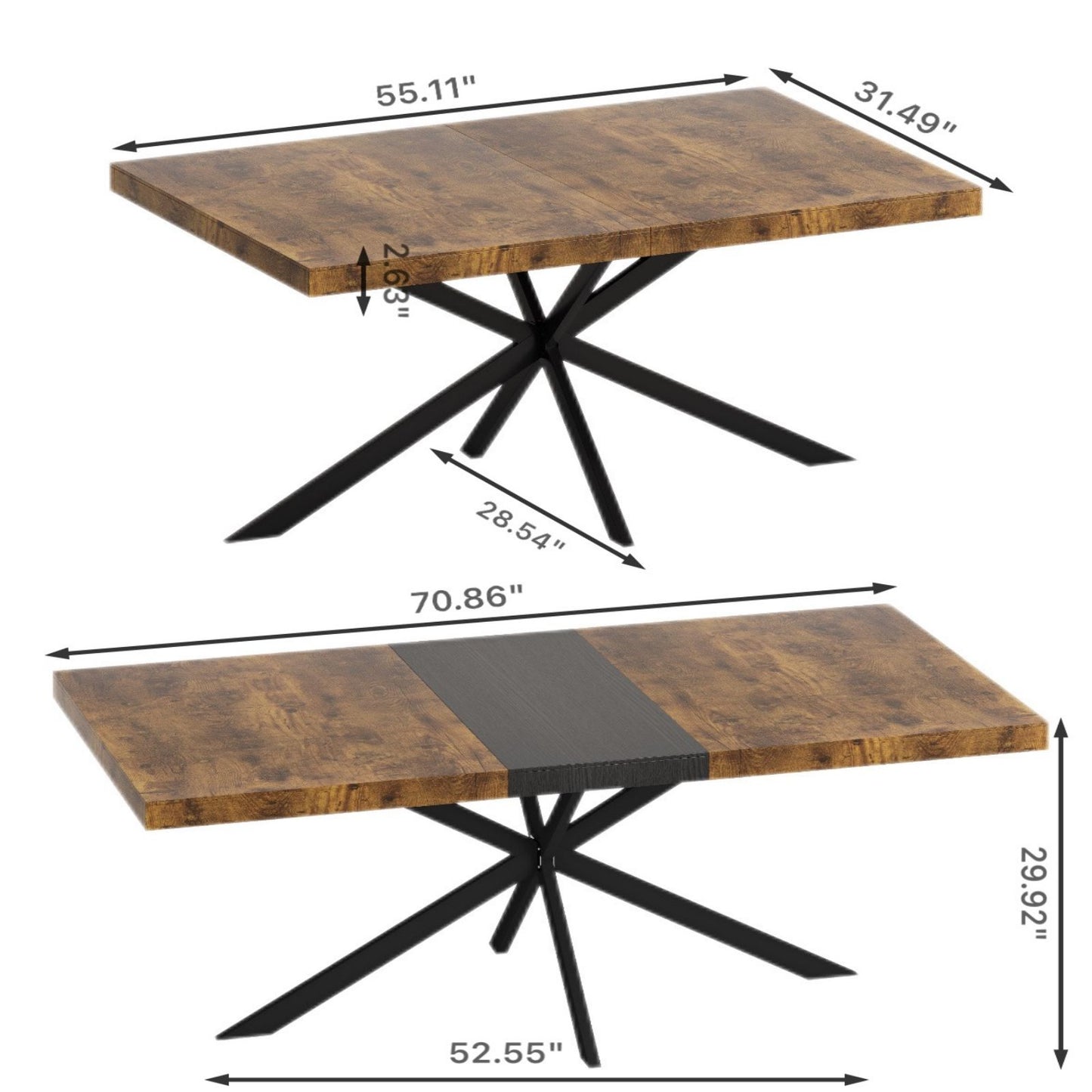 Melysen 55.11" -70.86"Retro Rectangular Stretch Dining Table, Antique Wood Top And Black Relief Plate, Black Fine Sand Cross Iron Foot Base Dining Table, With Storage Box.