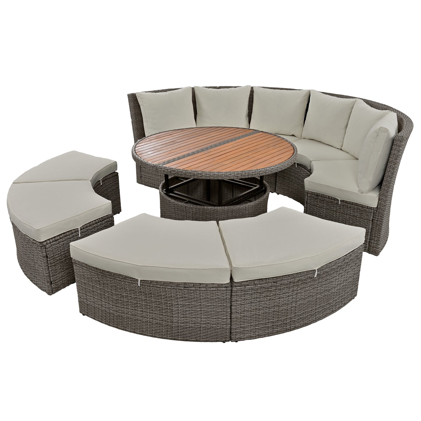 Melysen Patio 5-Piece Round Rattan Sectional Sofa Set All-Weather PE Wicker Sunbed Daybed with Round Liftable Table and Washable Cushions for Outdoor Backyard Poolside, Gray