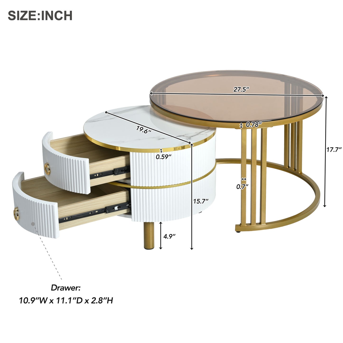 Melysen 27.5''&19.6'' Stackable Coffee Table with 2 Drawers,  Set of 2, Round Center Table for Living Room