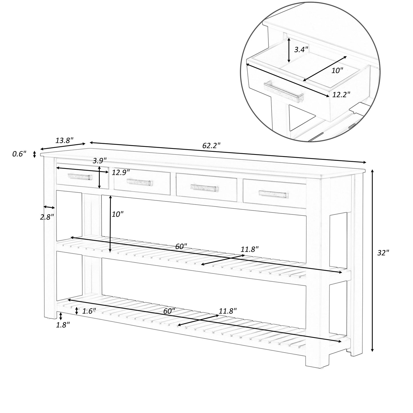 Melysen Stylish Entryway Console Table with 4 Drawers and 2 Shelves, Suitable for Entryways, Living Rooms