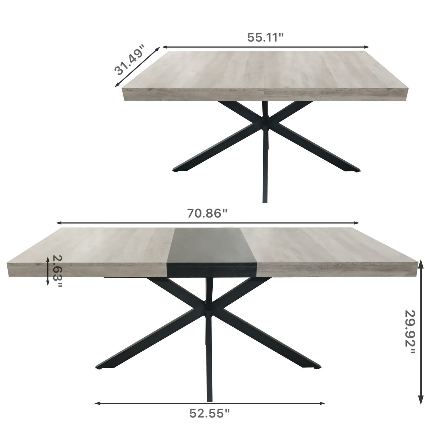 Melysen 55.11'' -70.86"Retro Rectangular Stretch Dining Table, Grey Carole Top With Black Embossed Center Plate, Black Fine Sand Cross Iron Foot Base Dining Table, With Storage Box.