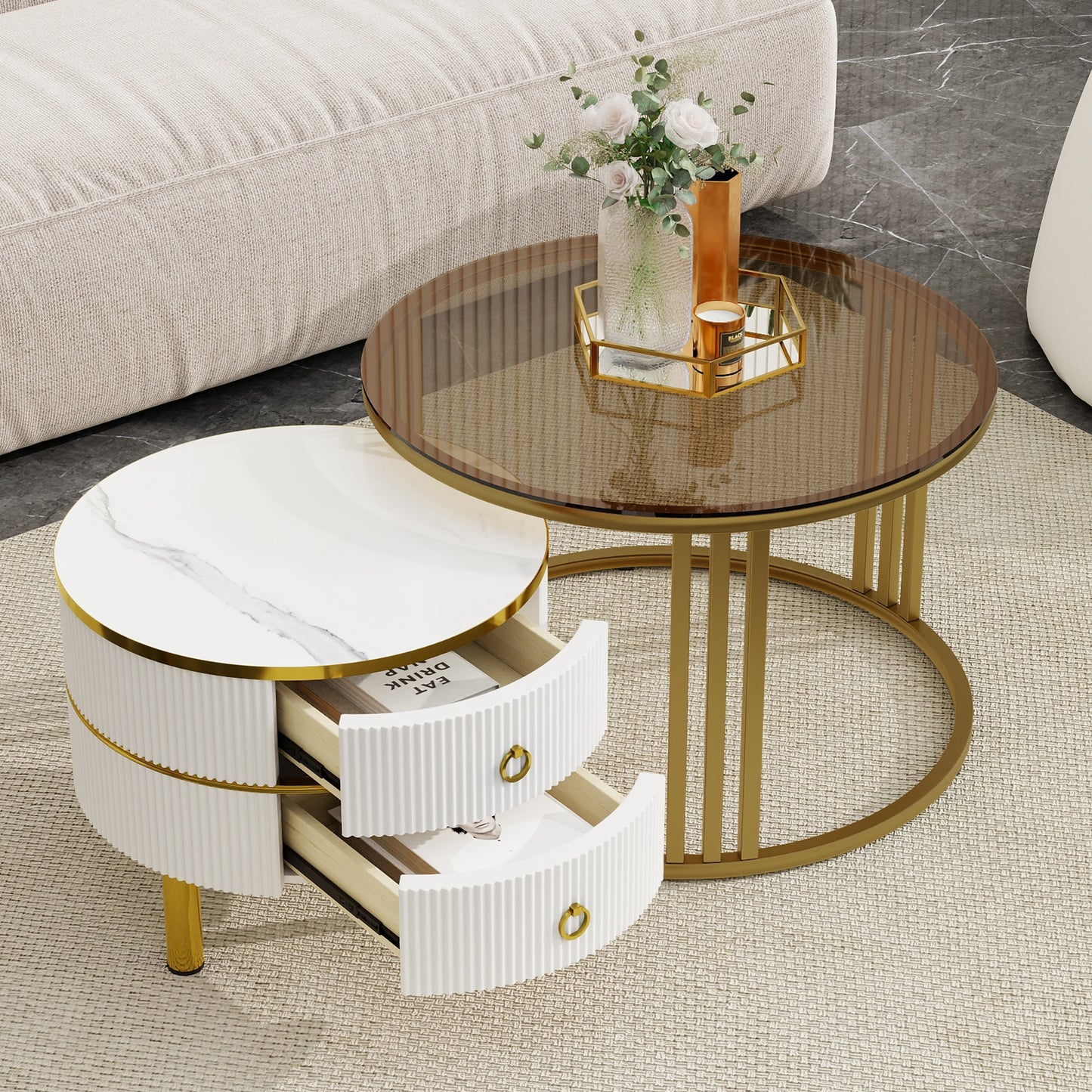 Melysen 27.5''&19.6'' Stackable Coffee Table with 2 Drawers,  Set of 2, Round Center Table for Living Room